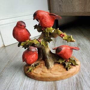 Vintage Signed Red Cardinal Birds on a Branch Figurine by Ann Storm